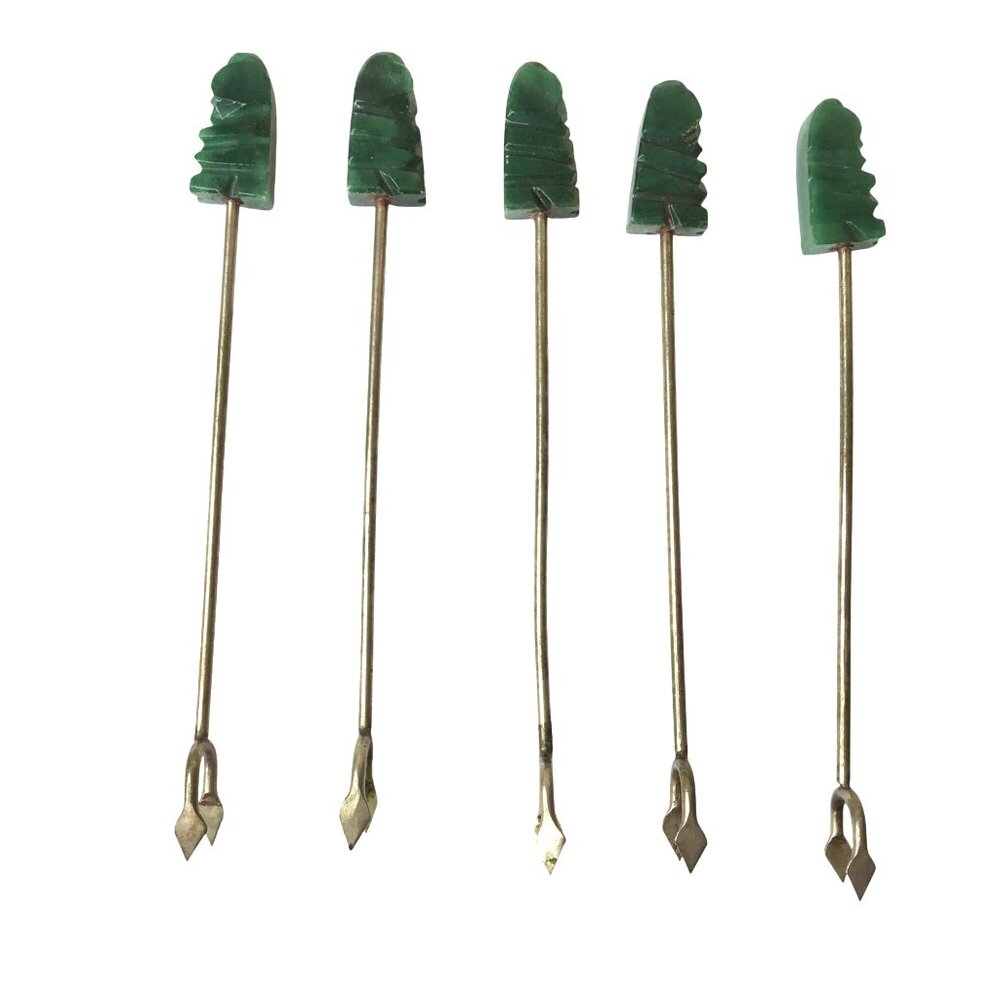 Vintage Jade or Malachite Cocktail Picks Set of 5 – Carved Stone Cocktail Picks